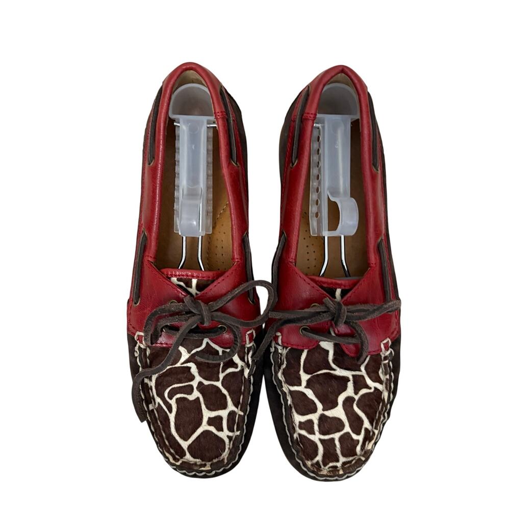 Ariat Women’s Giraffe Print Calf Hair Leather Boat Shoes Loafers Red Brown 6.5B
